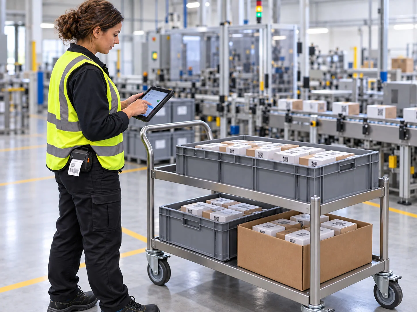 Profissional apontando a produção em um tablet ao lado de um carrinho móvel com produtos etiquetados