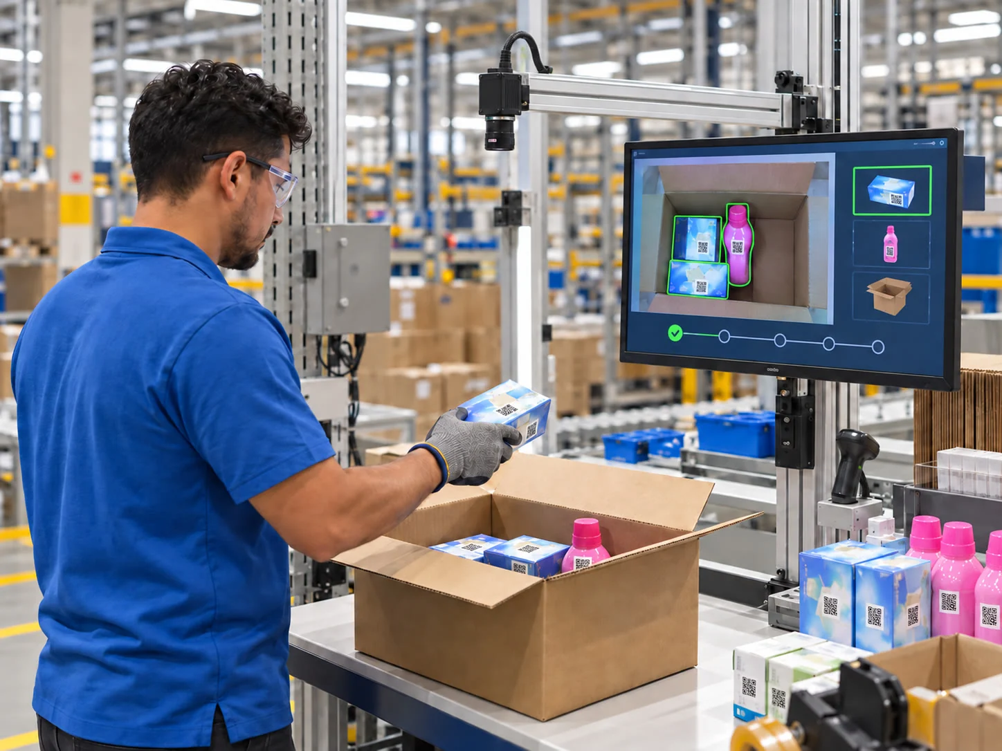 Operador em uma estação de embalagem com monitor de visão computacional conferindo produtos e caixa