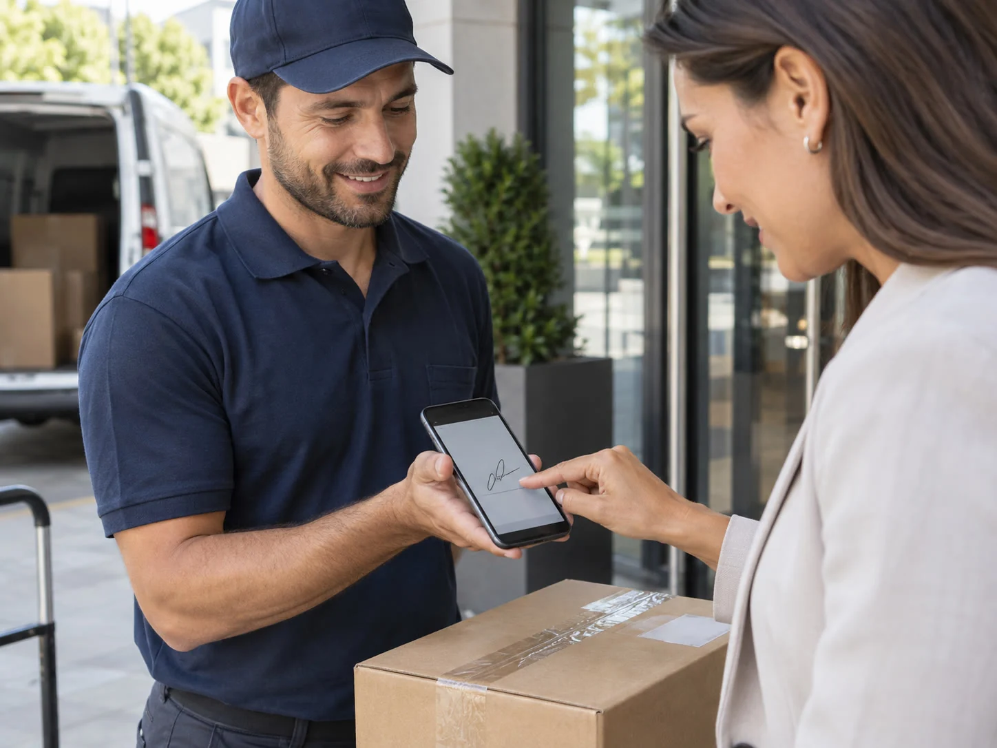 Cliente assinando o aceite de uma entrega no celular do motorista