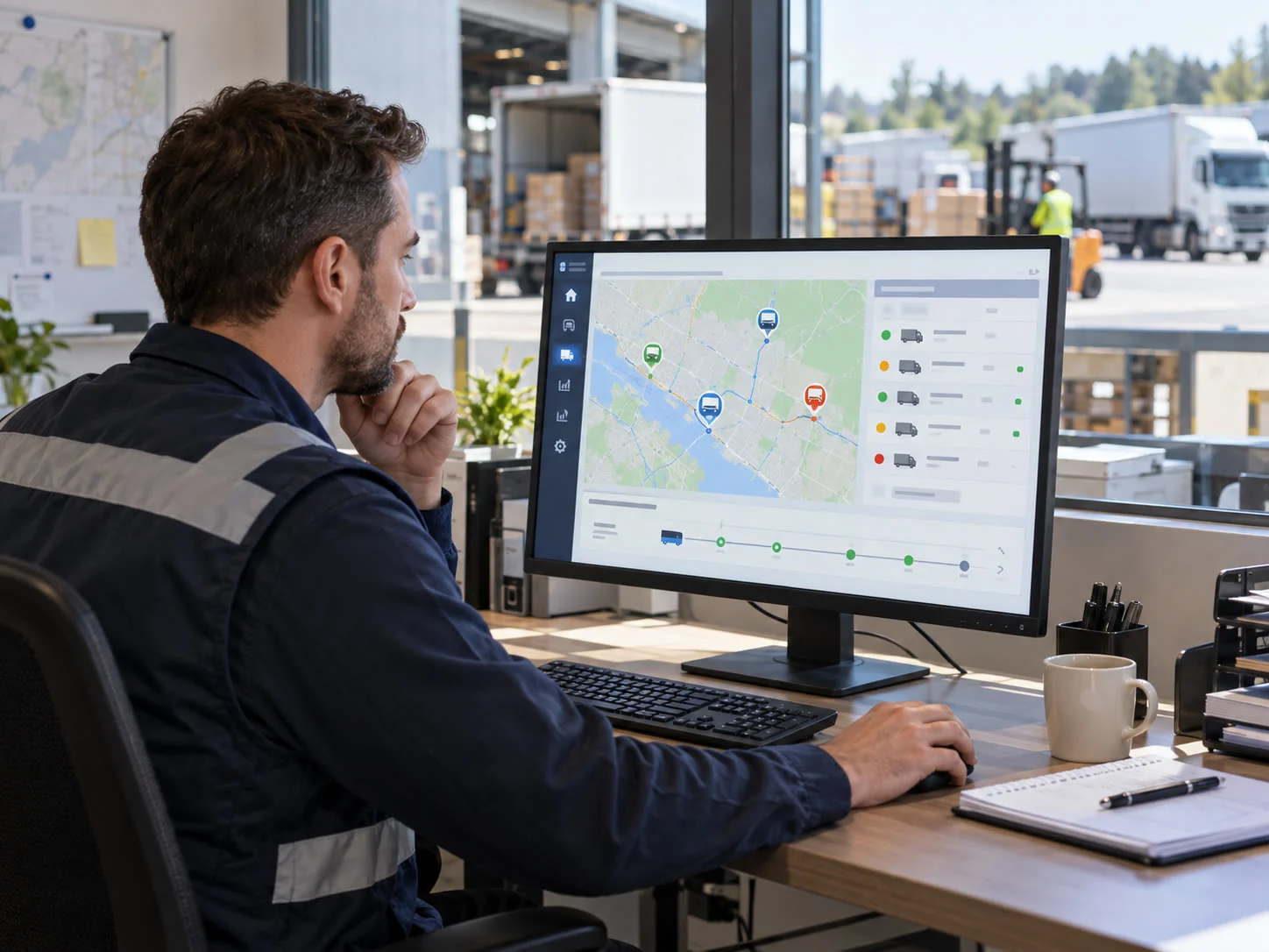 Profissional acompanhando no ERP um mapa com a posição dos veículos