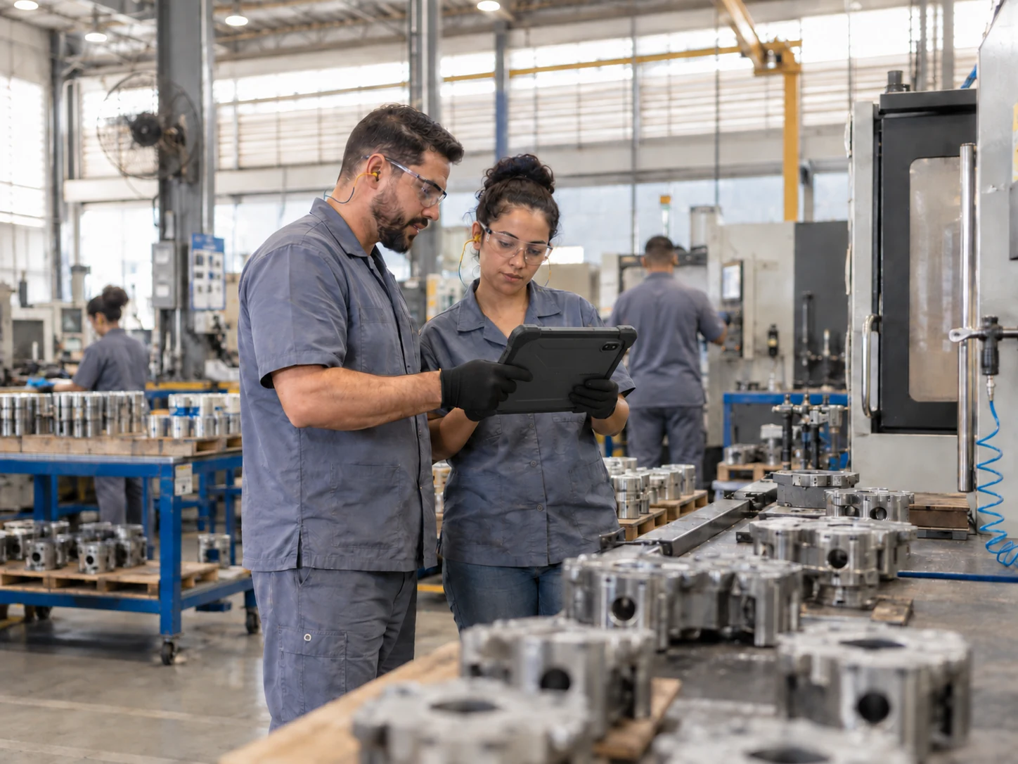 Equipe acompanhando a produção em uma indústria