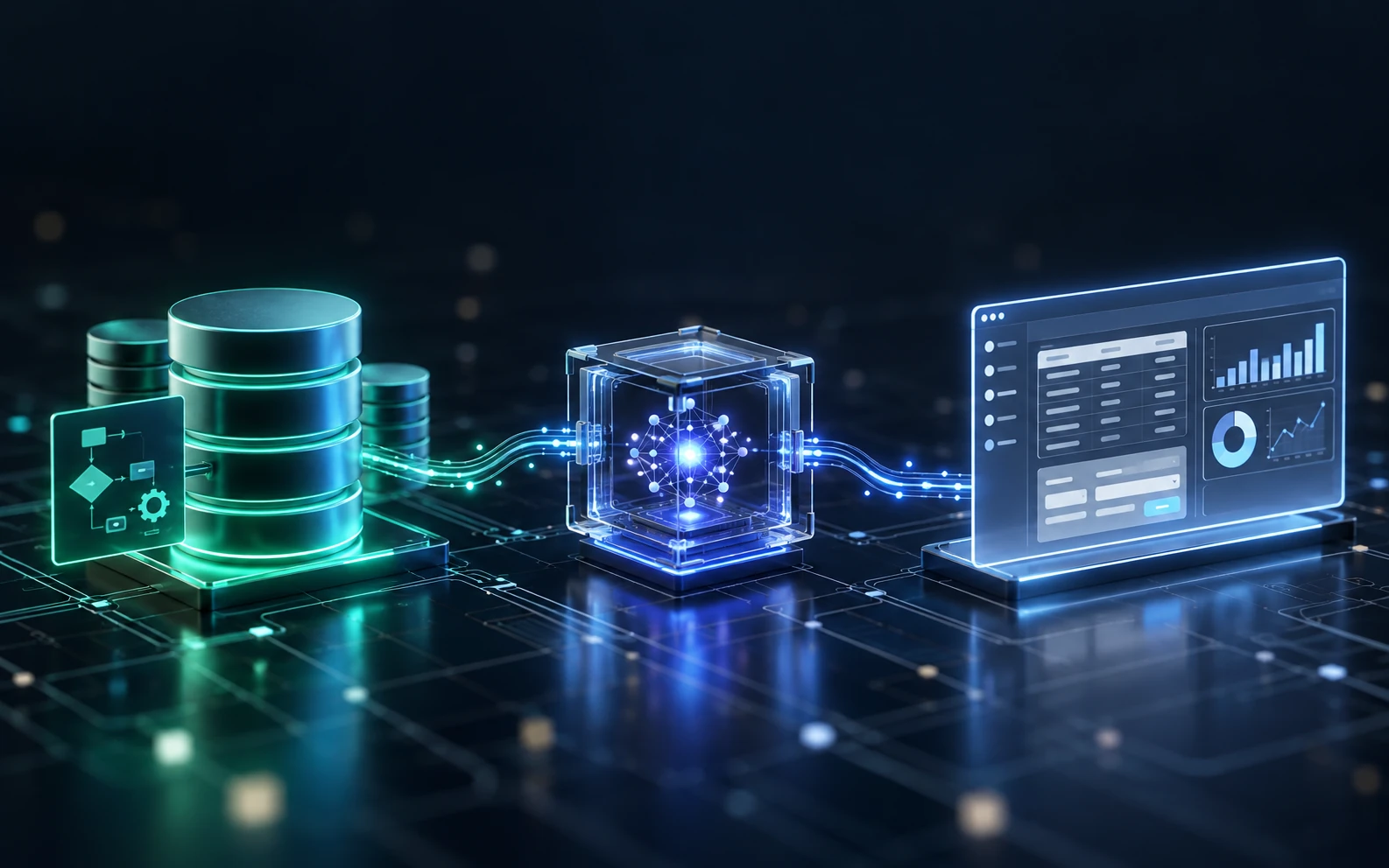 Representação da base relacional do Infoware, da inteligência artificial no centro e da nova interface do ERP