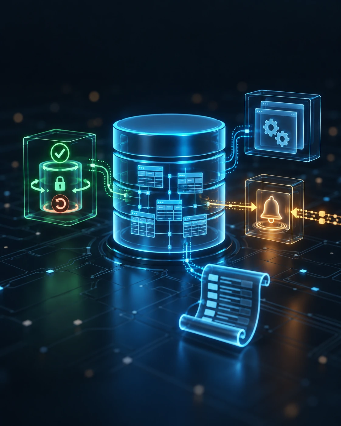 Representação técnica de um motor SQL relacional com transações, procedures, triggers e integridade